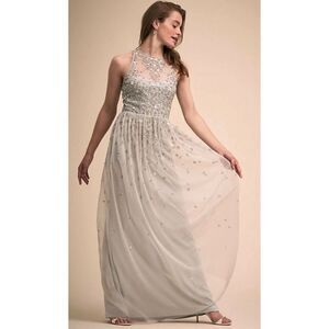 New Anthropologie BHLDN Ginny Sequin Embellished Maxi Dress Silver Size 2